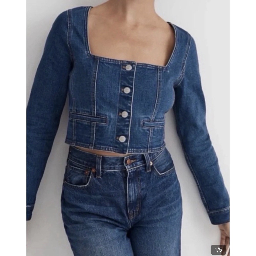 MADEWELL Denim Square-Neck Crop Top Women's Size 14 Hallwood Wash Button Front